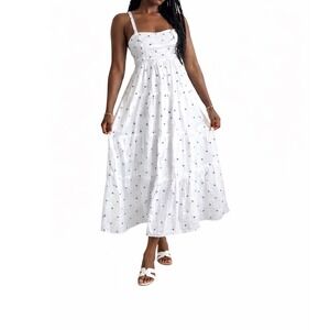 ZARA White Cotton Embroidered Midi Dress XS Blue Floral Tiered Boho Cottagecore